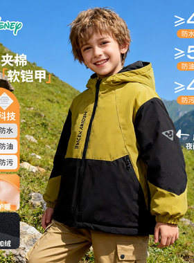 迪士尼童装男童夹棉冲锋衣外套2025秋冬新款加厚防水儿童棉服棉袄