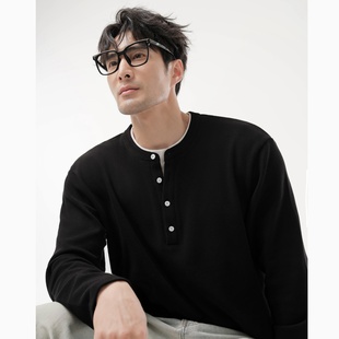 亨利领长袖 t恤男假两件厚实棉纯色休闲自发热科技假两件上衣秋冬