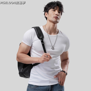圓領(lǐng)純色彈力運(yùn)動(dòng)美式 夏季 短袖 t恤男修身 健身貼身白色打底衫
