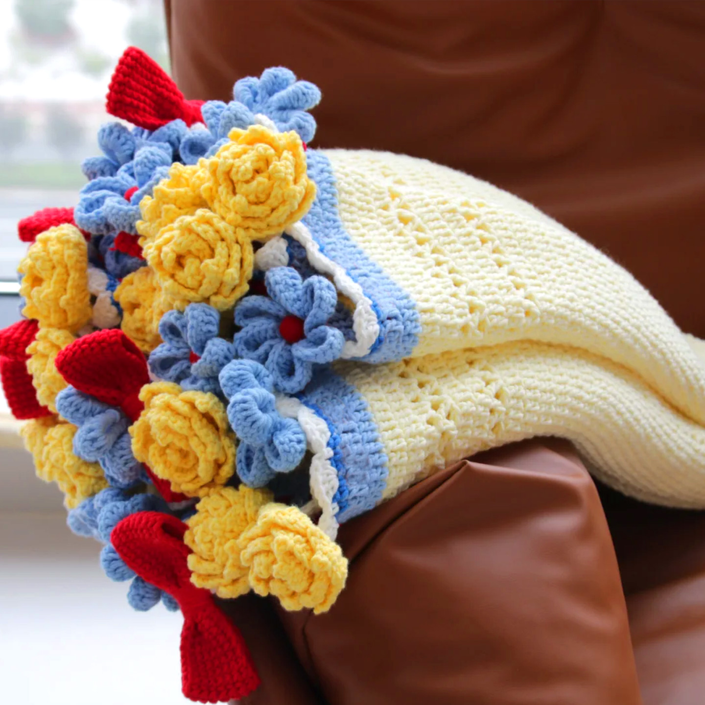 玫瑰花毯子毛线手工编织diy材料包钩针白雪公主花束毯子毛毯礼物