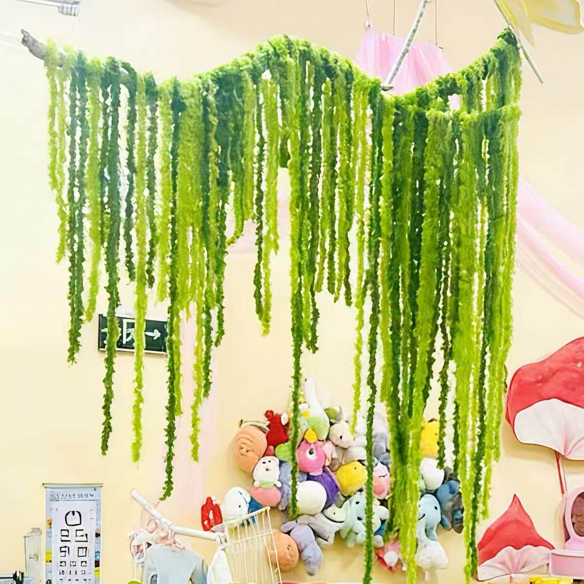 幼儿园春天环创绿色系编织线装饰大厅班级编织区手工diy毛线挂帘