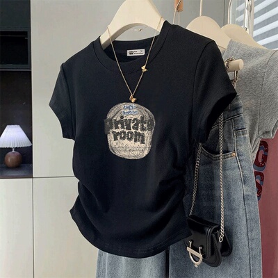 收腰皱褶纯棉短袖t恤女新款2026夏季短款简约休闲修身小个子上衣