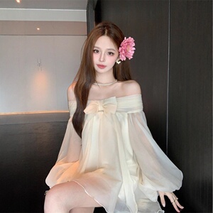 雪纺一字肩连衣裙女夏新款生日小礼服感超好看独特漂亮小裙子