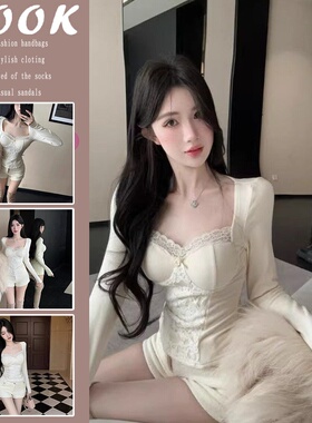 2026年纯欲辣妹方领鱼骨上衣女秋冬小香风加绒蕾丝打底衫内搭圣诞