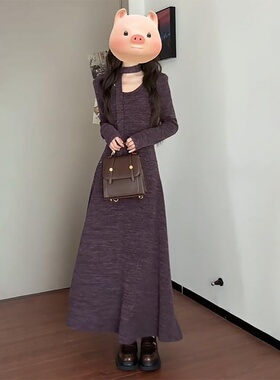 2026新款气质法式v领毛衣针织连衣裙子女春秋配大衣内搭打底长裙