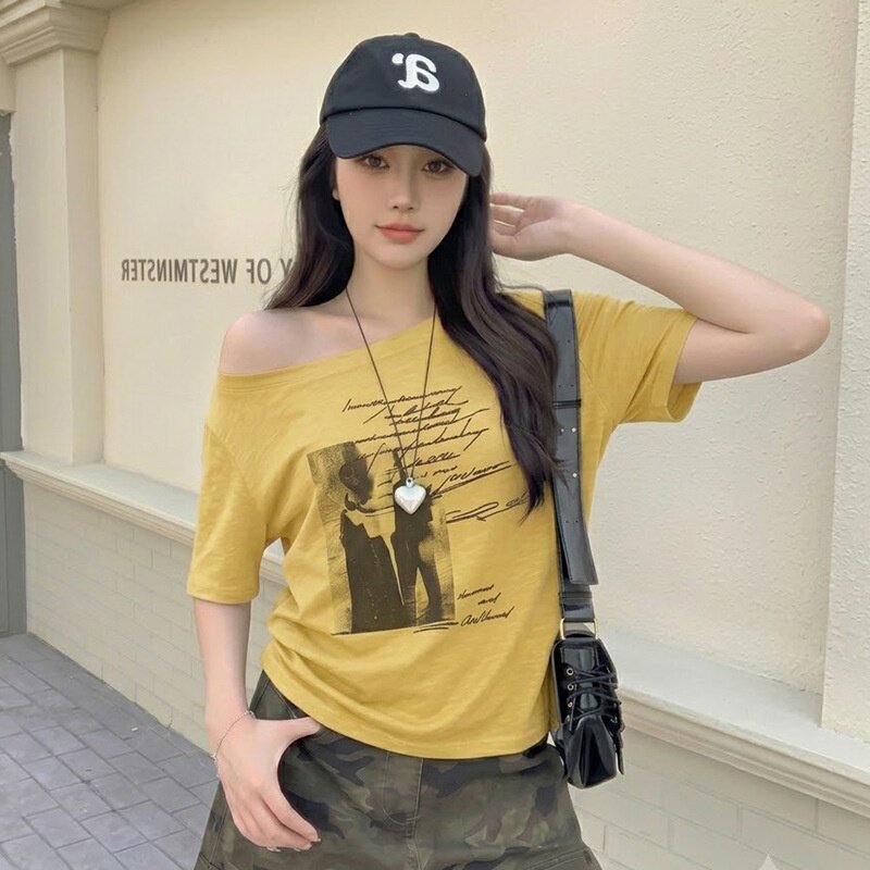 时尚设计感蝙蝠袖印花宽松短袖T恤女夏季薄款莱赛尔小资减龄上衣