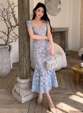 长款连衣裙子性感方领女人味蓝色睫毛蕾丝高腰修身鱼尾 新到白色
