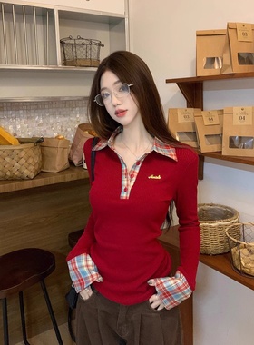 冬季复古设计感小众拼接格子Polo领T恤女装秋修身打底衫内搭上衣