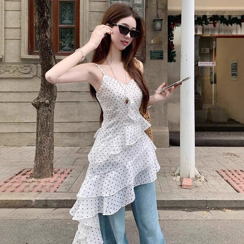 甜美波点荷叶边吊带背心女夏季云南大理度假风不规则长款飘带上衣