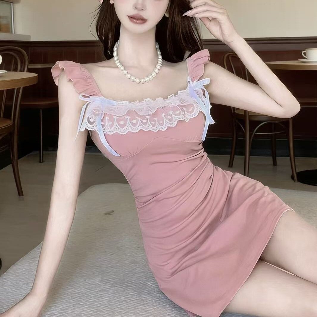 法式辣妹蕾丝拼接连衣裙夏季蝴蝶结显瘦收腰纯欲短裙名媛a字裙子