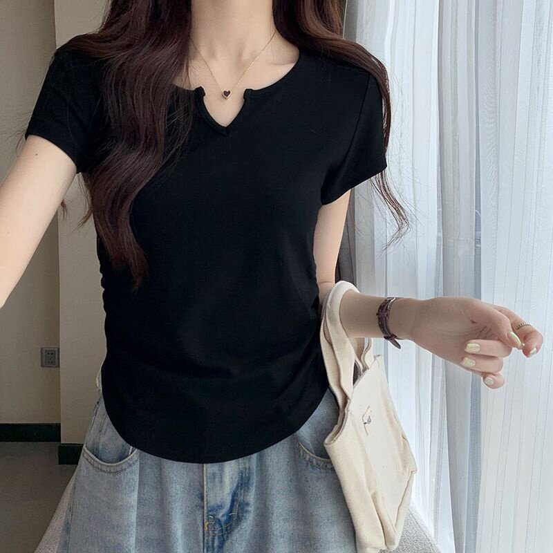 棉质v领正肩短袖t恤女夏季修身设计感黑色短款小个子打底半袖上衣