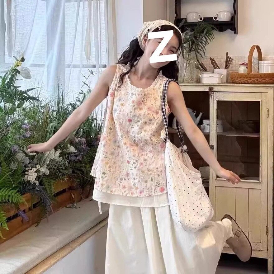 2026新款小个子碎花刺绣背心高腰半身裙套装女夏显瘦韩系两件套