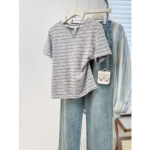 宽松圆领半袖 条纹t恤女短袖 夏季 新款 上衣潮 体恤显瘦简约内搭薄款