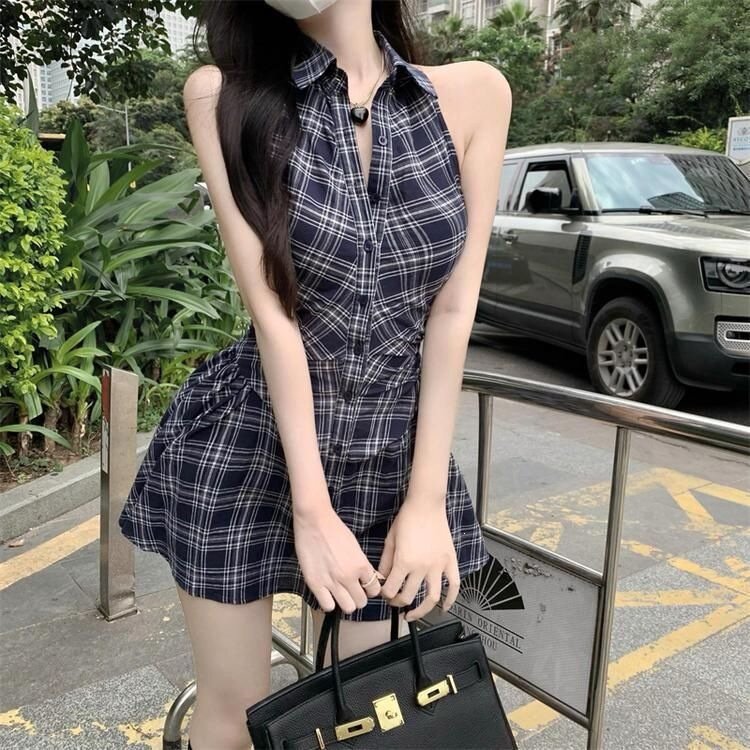 法式小众polo翻领无袖V领衬裙夏新款收腰显瘦辣妹衬衫连衣裙套装