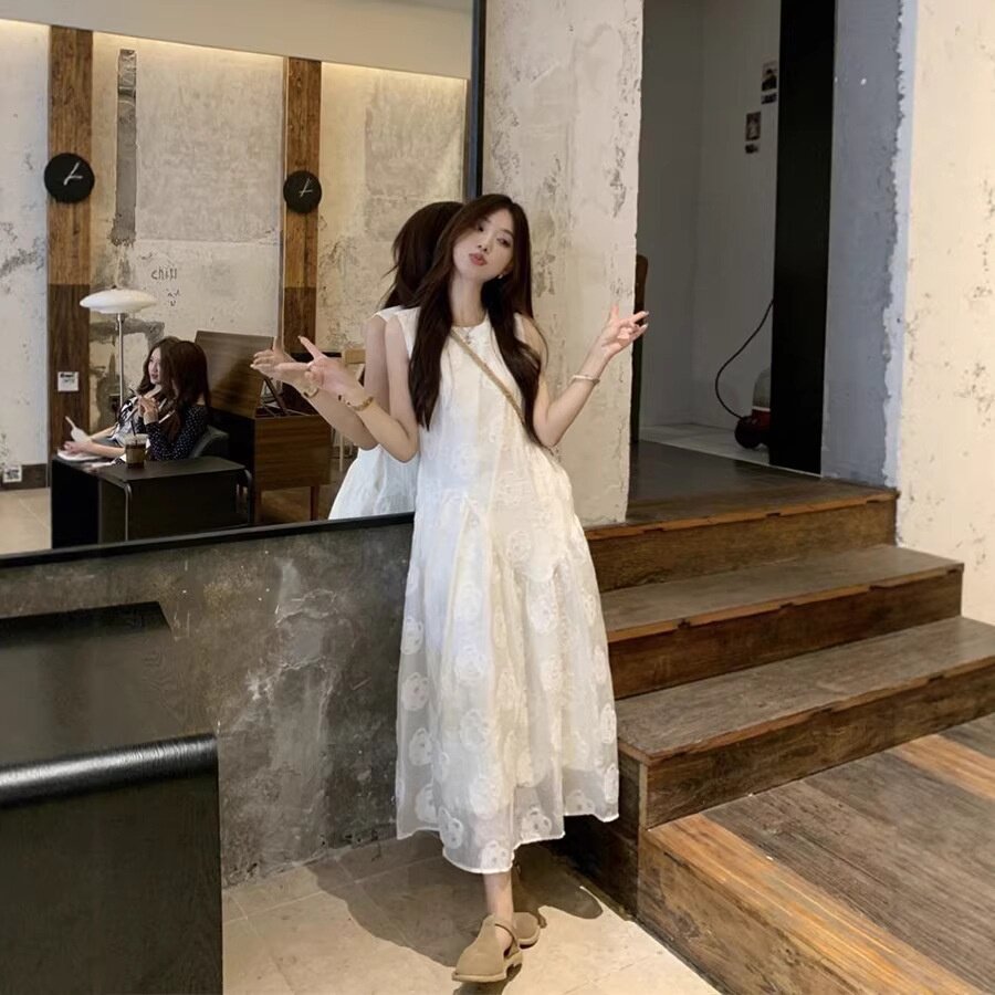 韩系蕾丝提花无袖背心连衣裙女夏季小个子宽松显瘦仙女公主长裙子