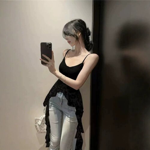 法式纯欲风黑色蕾丝拼接无袖吊带背心女装夏季不规则抹胸飘带上衣