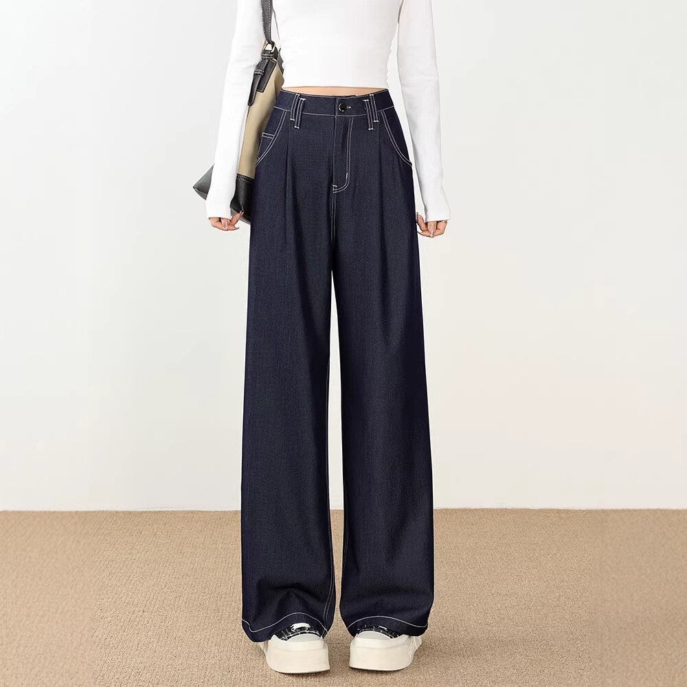 深蓝色天丝牛仔裤女春夏季薄款高腰显瘦宽松直筒垂感拖地阔腿裤子