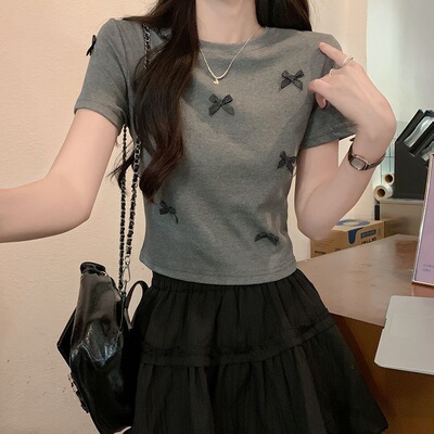 韩版甜美正肩蝴蝶结拼接短袖t恤2026夏季设计感修身圆领百搭上衣