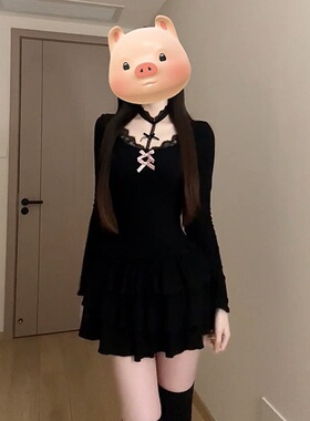 纯欲性感黑色蕾丝蝴蝶结连衣裙子女春秋2026新款修身内搭包臀短裙