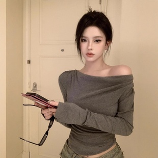打底衫 不规则短款 上衣 T恤女2025初秋露肩修身 辣妹一字肩德绒长袖