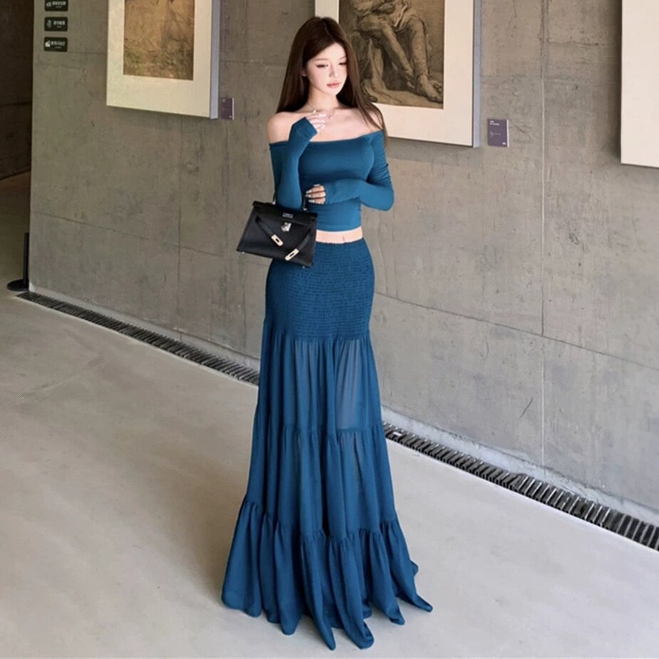 一字肩修身纯欲长袖T恤女秋季时尚套装高腰半身裙大摆裙子两件套