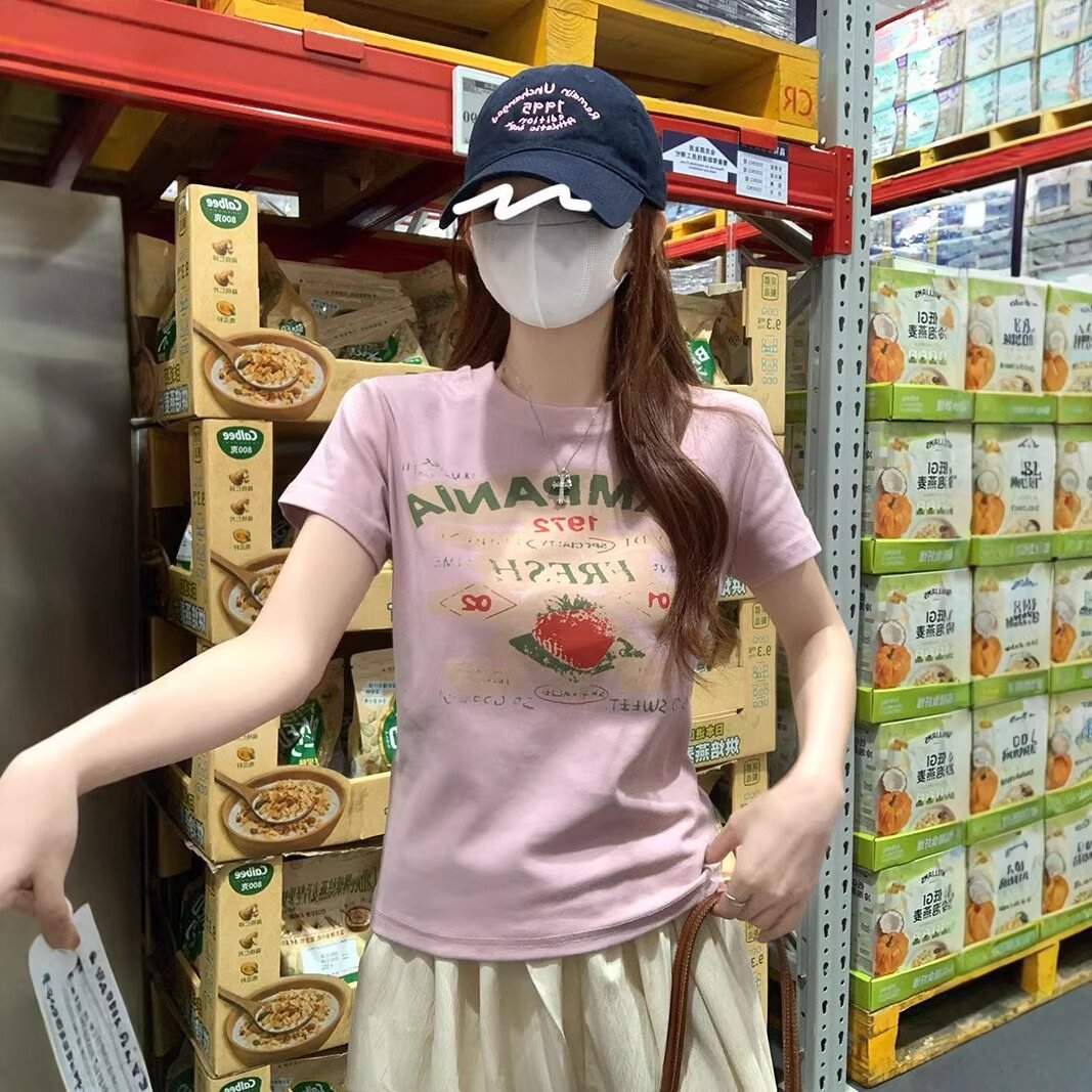 粉色正肩圆领草莓短袖T恤女2026夏季新款休闲百搭显瘦打底衫上衣