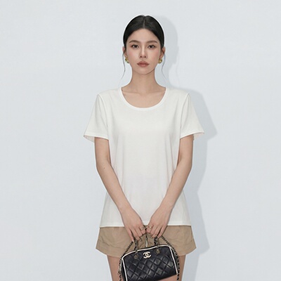 2026新款夏季T恤女正肩慵懒半袖T恤上衣粉色U领休闲百搭宽松短袖