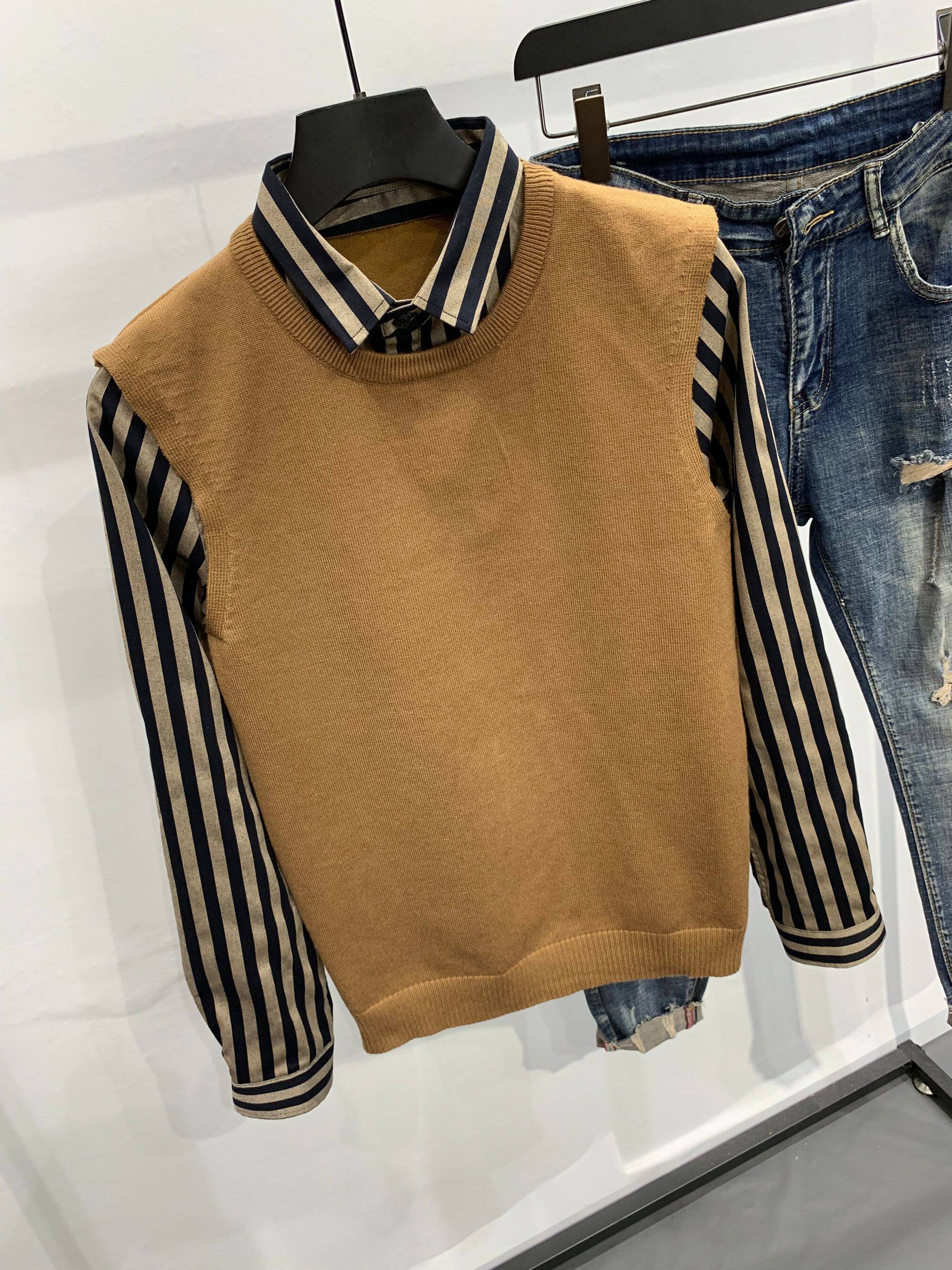 남성용 모직 조끼 스웨터 긴팔 가짜 투피스 플러스 벨벳 가을 겨울 옷깃 스트라이프 셔츠와 스웨터 투피스 세트