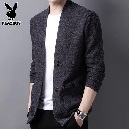 PLAYBOY潮流V领毛衣 花花公子休闲开衫外套 男士春秋季宽松版