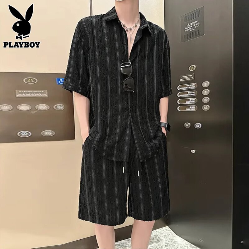 花花公子男士夏季套装冰丝条纹短袖衬衫搭配休闲短裤运动服两件套
