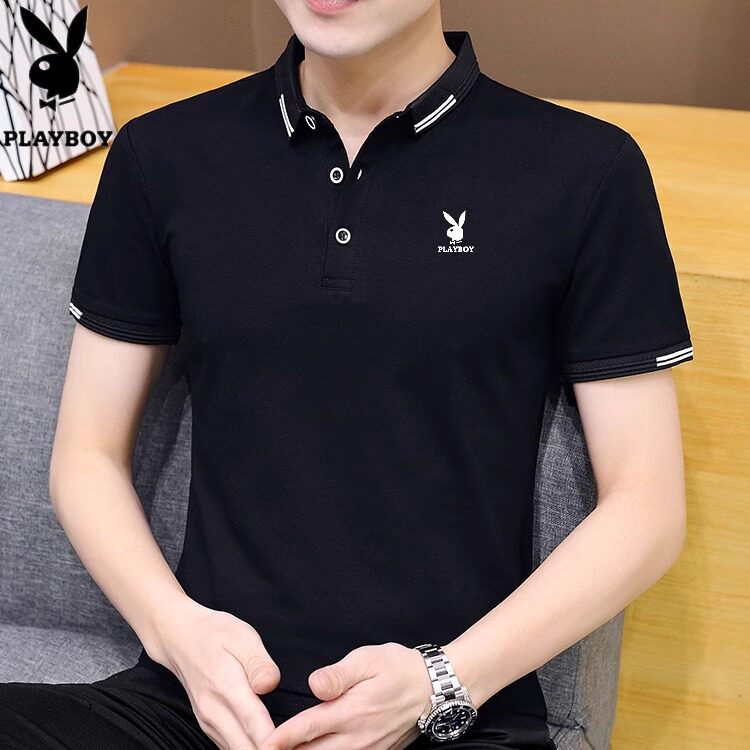花花公子黑色短袖男夏季薄款青年polo衫宽松休闲上衣服翻领t恤男T