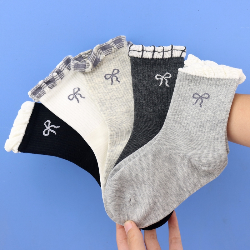 爱嘀嗒YSS秋冬儿童袜子洋气花边女童蝴蝶结中长筒高腰厚棉学生袜