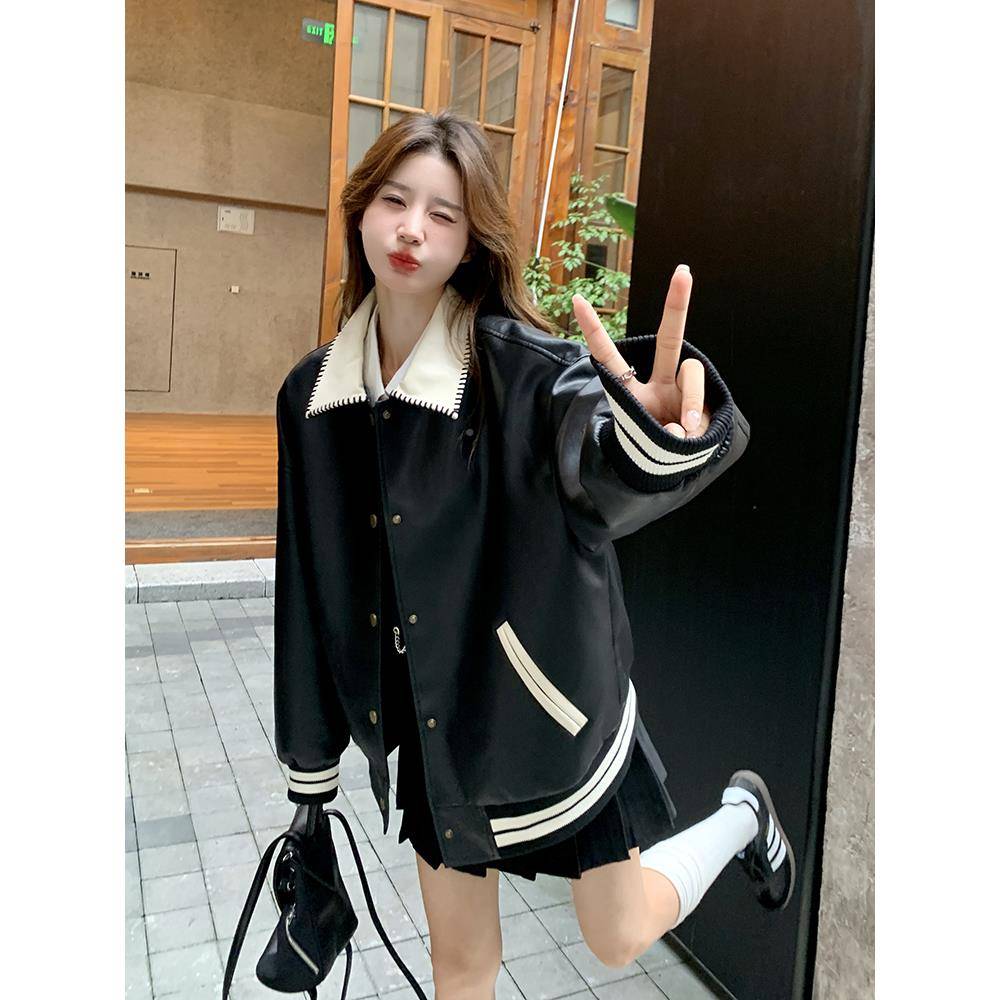 黑色炸街小个子皮外0套女225春宽秋款韩版松衣时尚NOU减龄棒球服