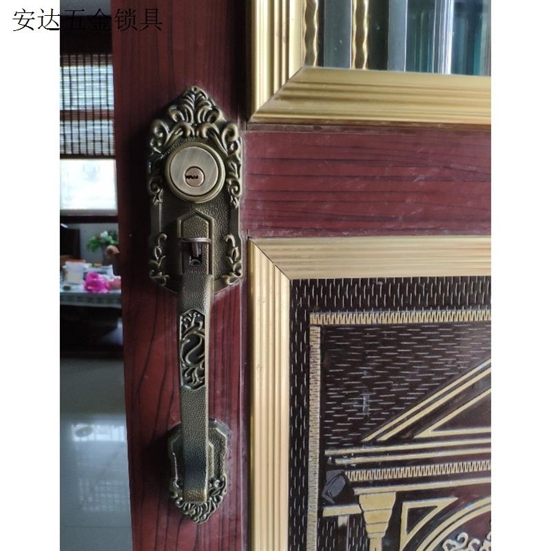 老式金门锁老式铝合金双开门锁俩舌锁青古铜拉手锁按压锁心配件.