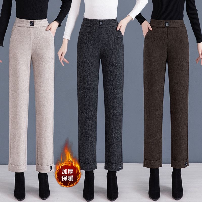 洋气毛呢直筒裤子女秋冬款高腰加绒加厚宽松休闲中老年妈妈阔腿裤