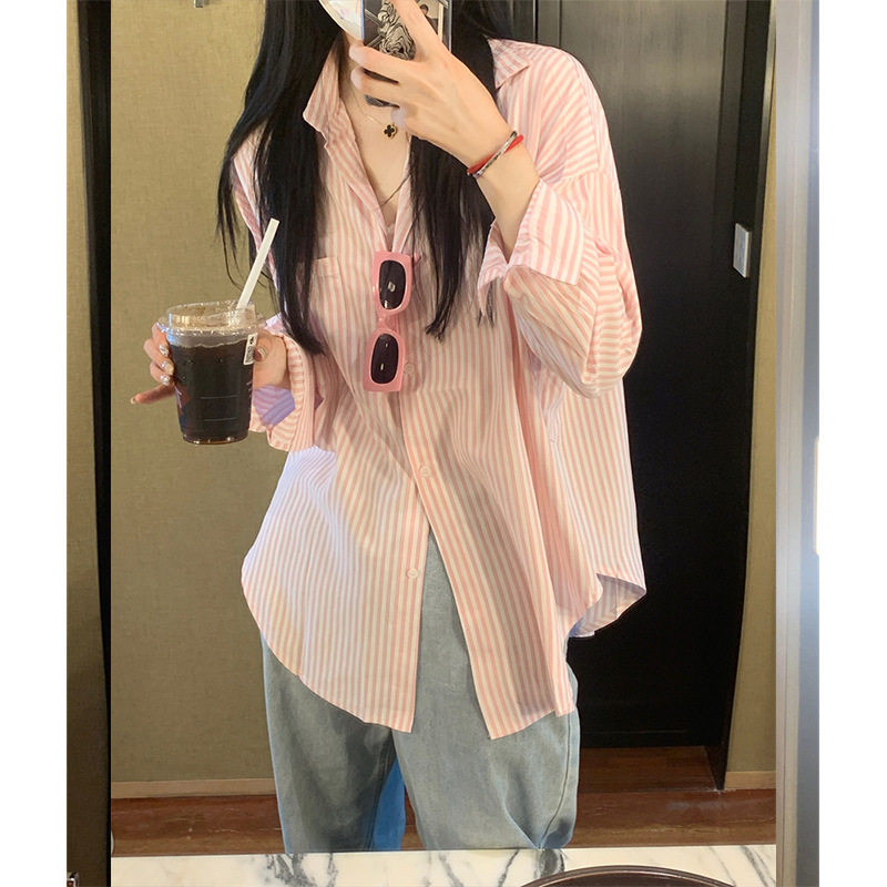 粉色条纹衬衫外套女春夏季韩版宽松慵懒休闲簿款长袖防晒衬衣上衣