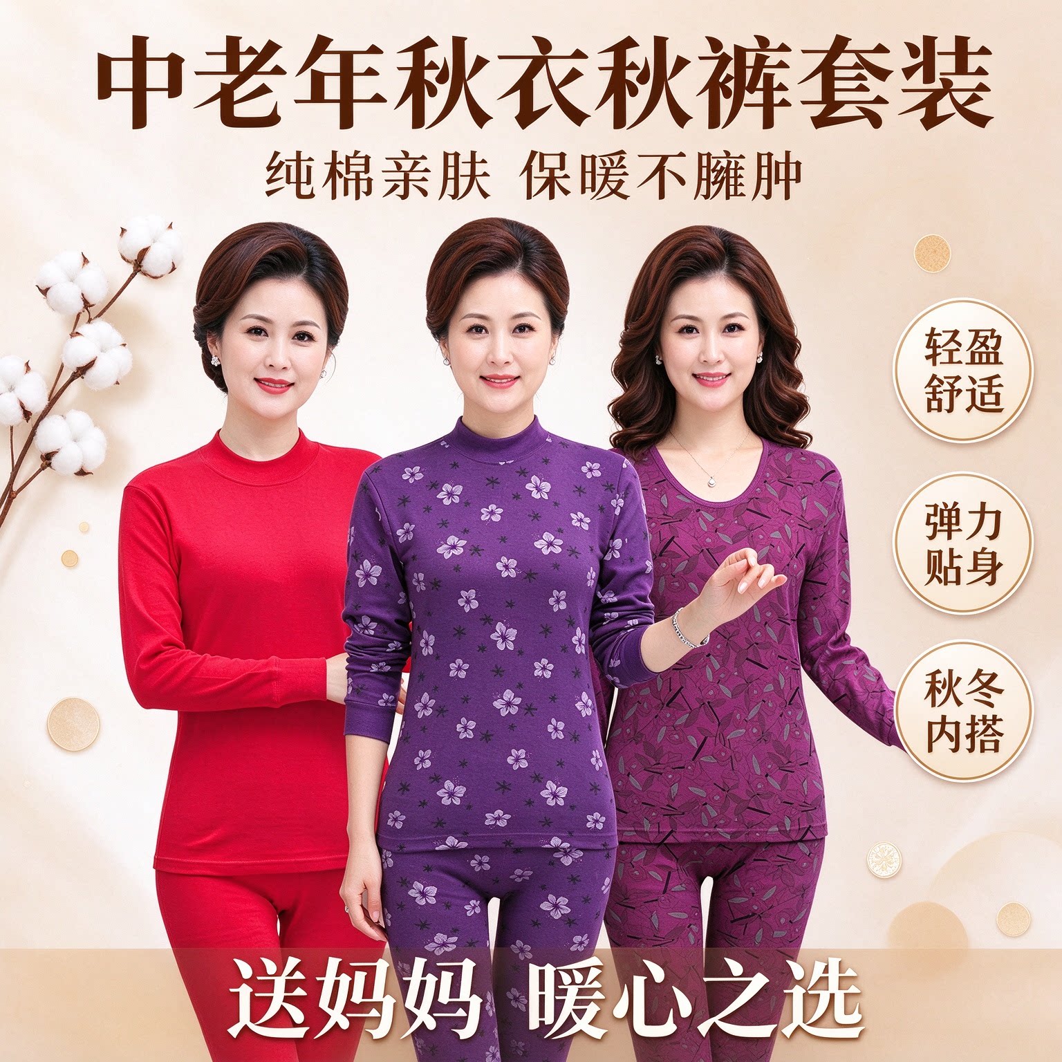 中老年纯棉保暖内衣套装女士大码