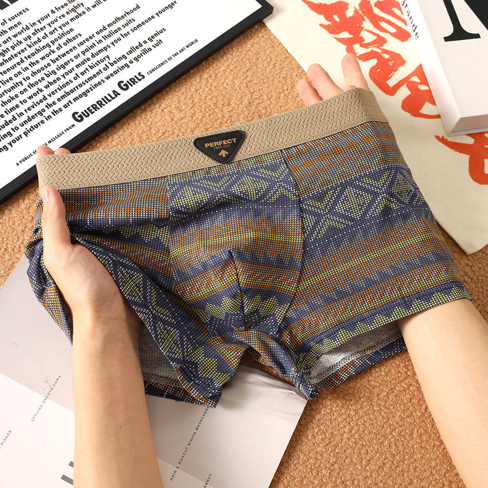 民族风男士内裤纯棉复古透气休闲四角裤中腰青年潮流印花平角短裤