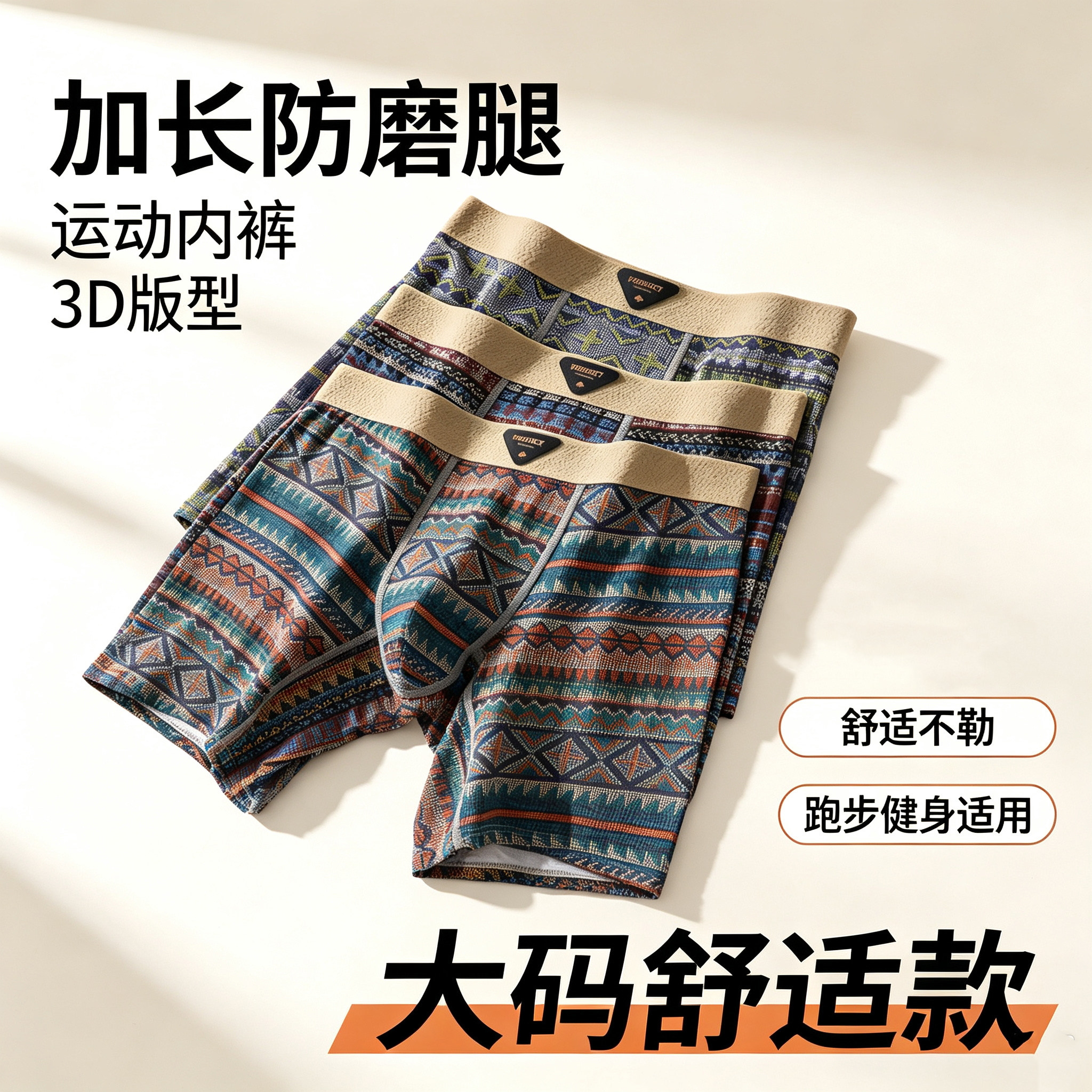 男士纯棉防磨腿加长跑步平角裤