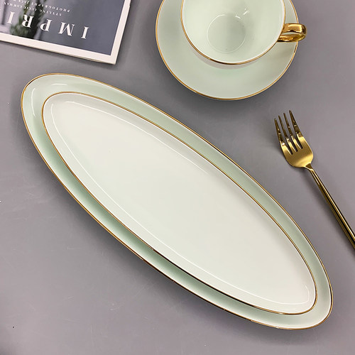 金边椭圆形日式陶瓷蒸鱼盘