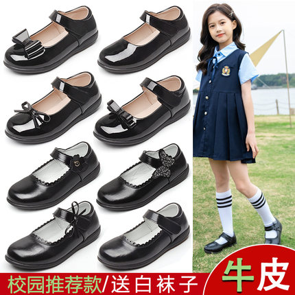 黑皮鞋女童柔软中大童演出鞋黑色学生礼仪鞋校园四季鞋真皮小黑鞋