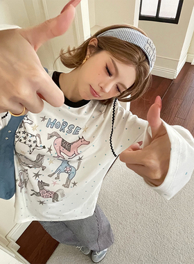skipsmile秋冬新款趣味可爱卡通手绘星星小马图案宽松显瘦长袖T恤