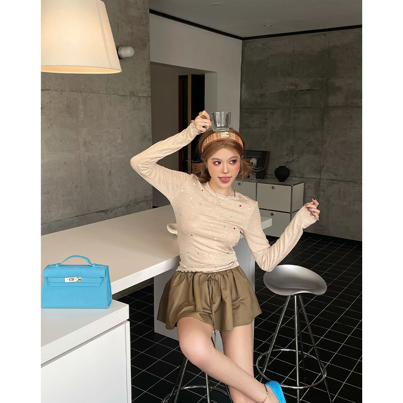 skipsmile秋冬新款甜美可爱彩色爱心星星贴钻长袖圆领修身上衣女