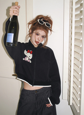 skipsmile秋冬新款美式辣妹甜酷刺绣卡通猫咪保暖长袖外套夹克