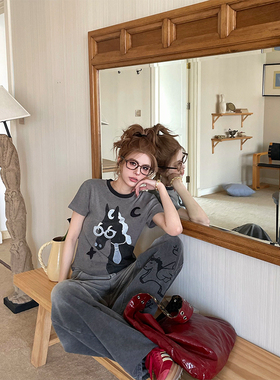 skipsmile秋冬新款趣味可爱立体小马卡通图案修身显瘦短袖上衣T恤