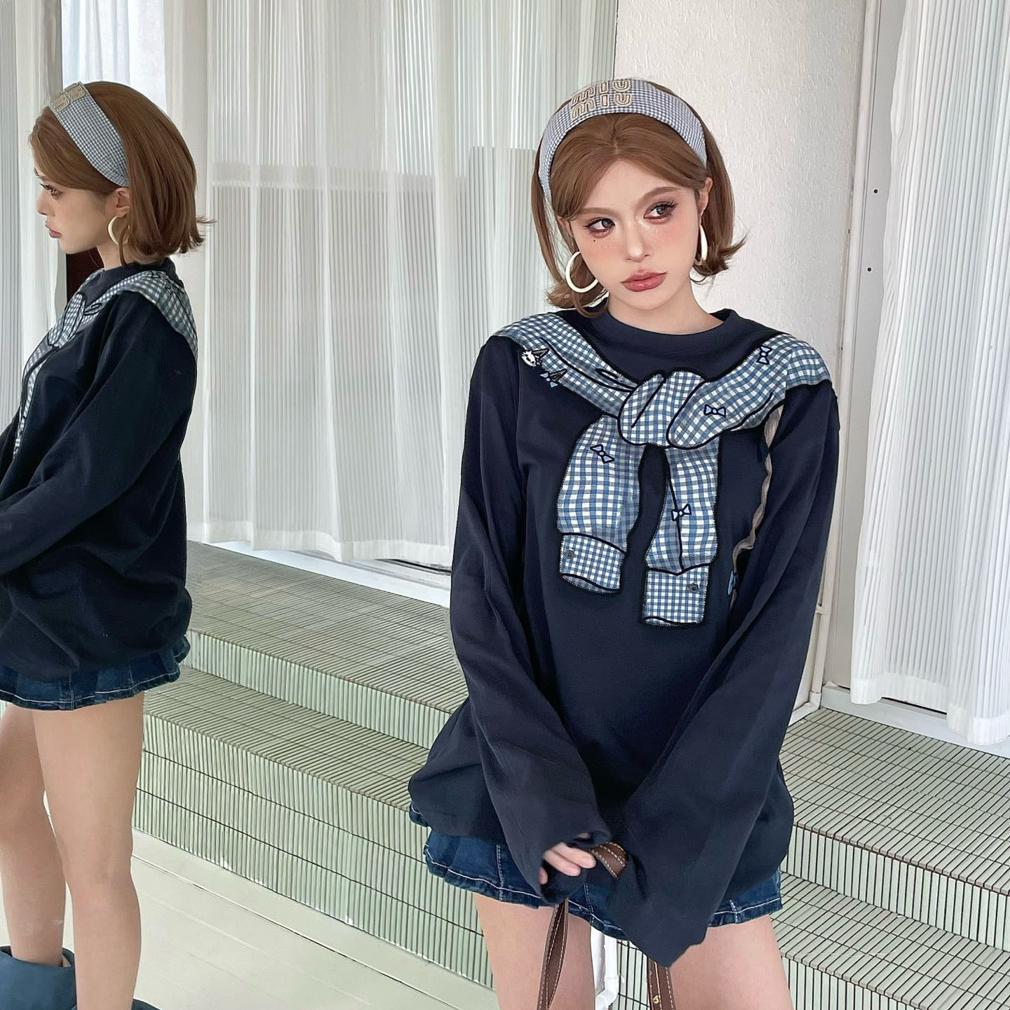 skipsmile秋冬新款复古甜辣撞色格子披肩绑带辫子印花宽松T恤上衣