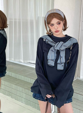 skipsmile秋冬新款复古甜辣撞色格子披肩绑带辫子印花宽松T恤上衣