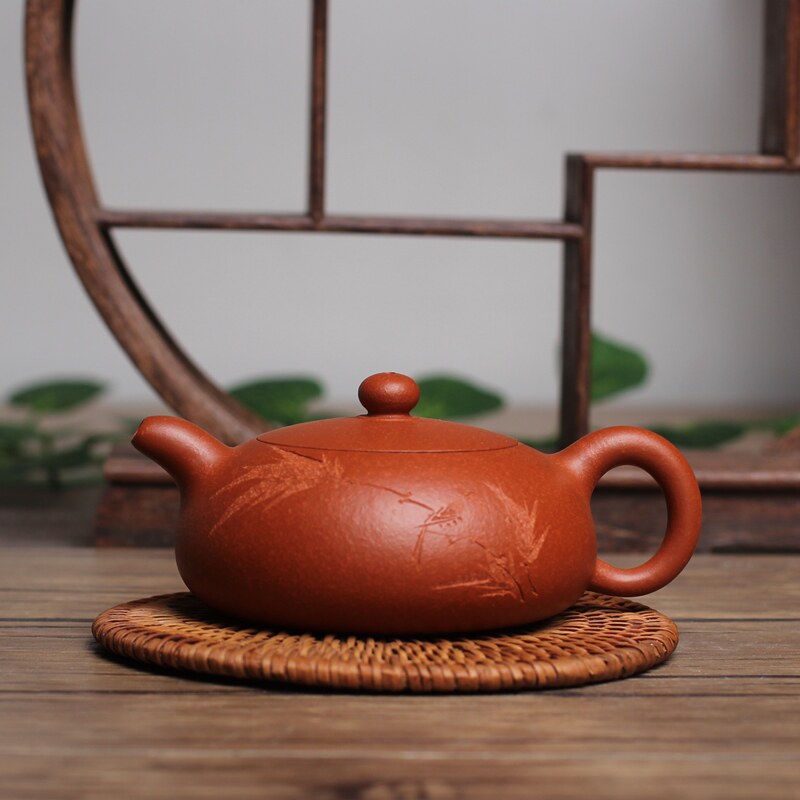 紫砂壶宜兴正宗一厂老艺人龙血砂朱泥全手工半月超美竹刻画165cc