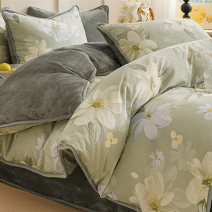 ab面纯棉牛奶绒床上四件套全棉加绒被套珊瑚法兰绒床单床品床笠裙