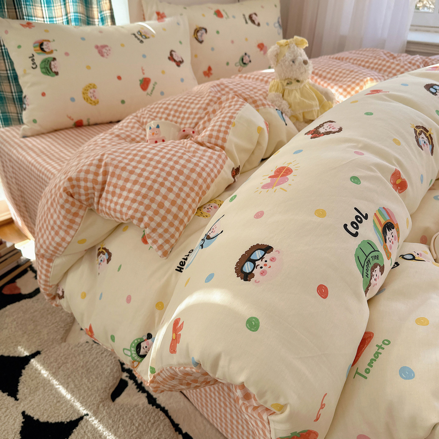 ins可爱卡通全棉床上四件套儿童学生被套被罩床单被单人纯棉3件套,床上用品,床品套件/四件套/多件套,淘宝优惠券,粉丝福利购,淘宝优惠卷